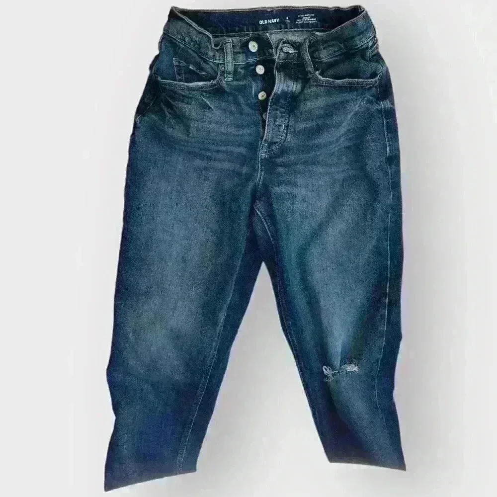 Old Navy Curvy Extra High-Waisted Button-Fly Sky-Hi Straight Ripped Jeans 2 tall - Picture 3 of 8